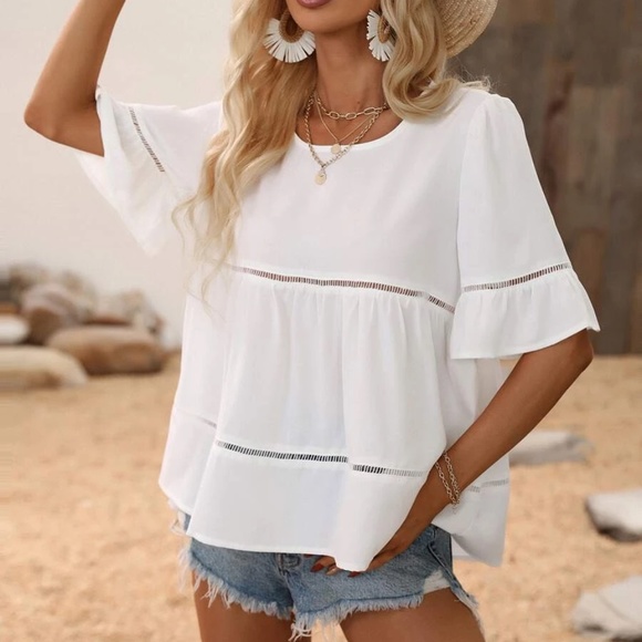 White Lace Detail Ruffle Sleeve Blouse - Picture 2 of 5